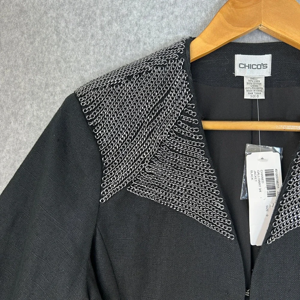 Chicos Chained Galloway 3/4 Jacket Black Linen Blend Silver Chain Size 0 / S NWT
